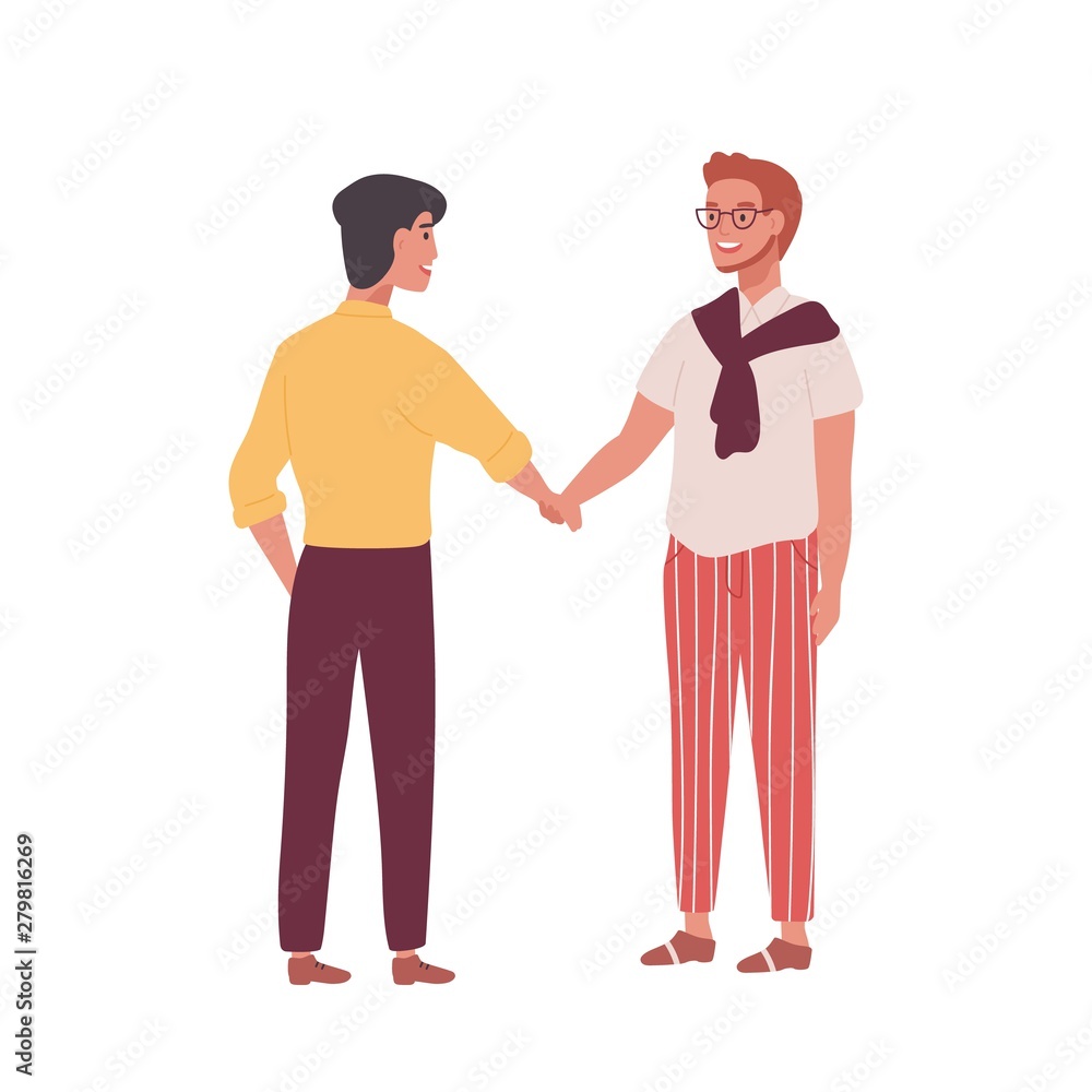 Pair of smiling men, businessmen or office workers shaking hands isolated on white background. Business meeting, deal or agreement, partnership or cooperation. Flat cartoon vector illustration. Pair of smiling men, businessmen or office workers shaking hands isolated on white background. Business meeting, deal or agreement, partnership or cooperation. Flat cartoon vector illustration.