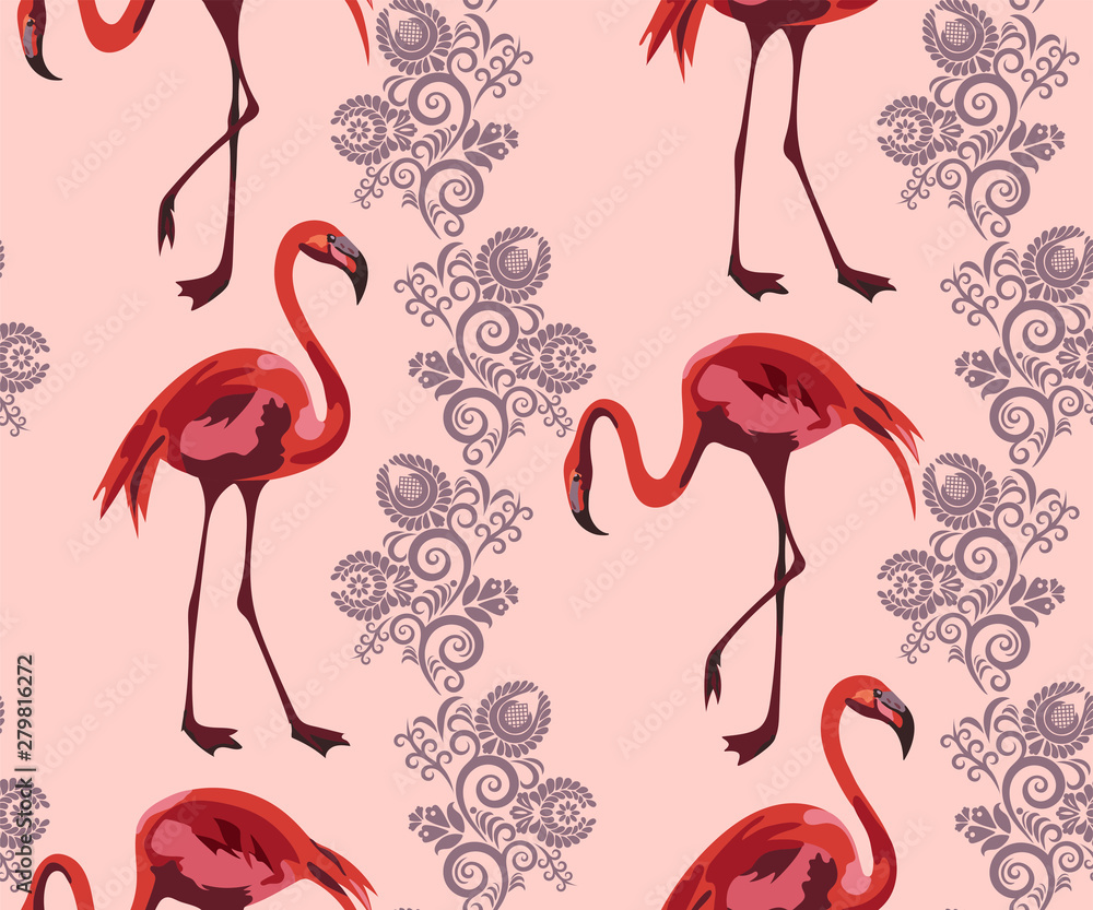 Fototapeta premium Tropical wildlife, flamingo seamless pattern. Hand Drawn jungle nature, flowers illustration. Print for textile, cloth, wallpaper, scrapbooking