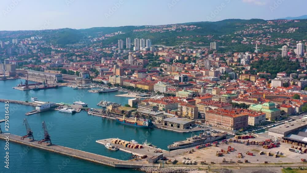 RIJEKA, CROATIA - MAY, 2019: Aerial view drone shot of Rijeka city on Adriatic Sea shore. City from above. RIJEKA, CROATIA - MAY, 2019: Aerial view drone shot of Rijeka city on Adriatic Sea shore. City from above.