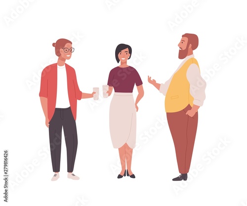 Group of employees, clerks or office workers. Funny men and women standing together and talking. Professional conversation among colleagues during coffee break. Flat cartoon vector illustration.