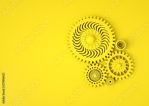 Abstract 3D Geometrical Design. Composition of yellow gears on yellow background. Monochrome. Mechanical technology machine engineering concept. Copyspace