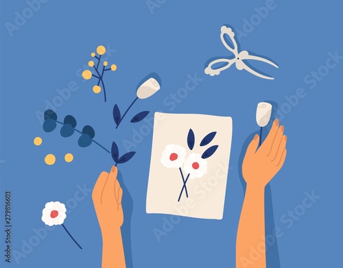 Hands creating decorative craftwork or handiwork - flower applique, herbarium, scarpbooking. Creative workshop lesson or tutorial. Leisure hobby activity. Flat cartoon colorful vector illustration.