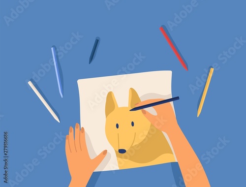 Hands creating artwork - drawing cute funny dog with colorful pencils. Creati...
