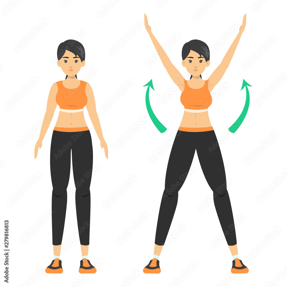 Woman doing a jumping jack exercise. Warm-up Stock Vector