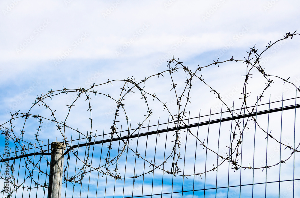 Barbed wire. Restriction of freedom. Prison fence. Barbed wire. Restriction of freedom. Prison fence.