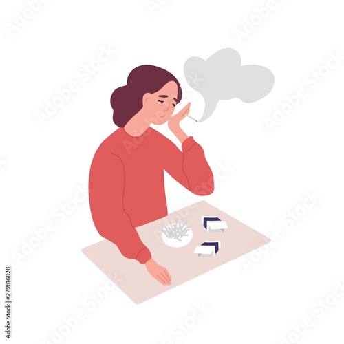 Depressed young woman smoking cigarettes