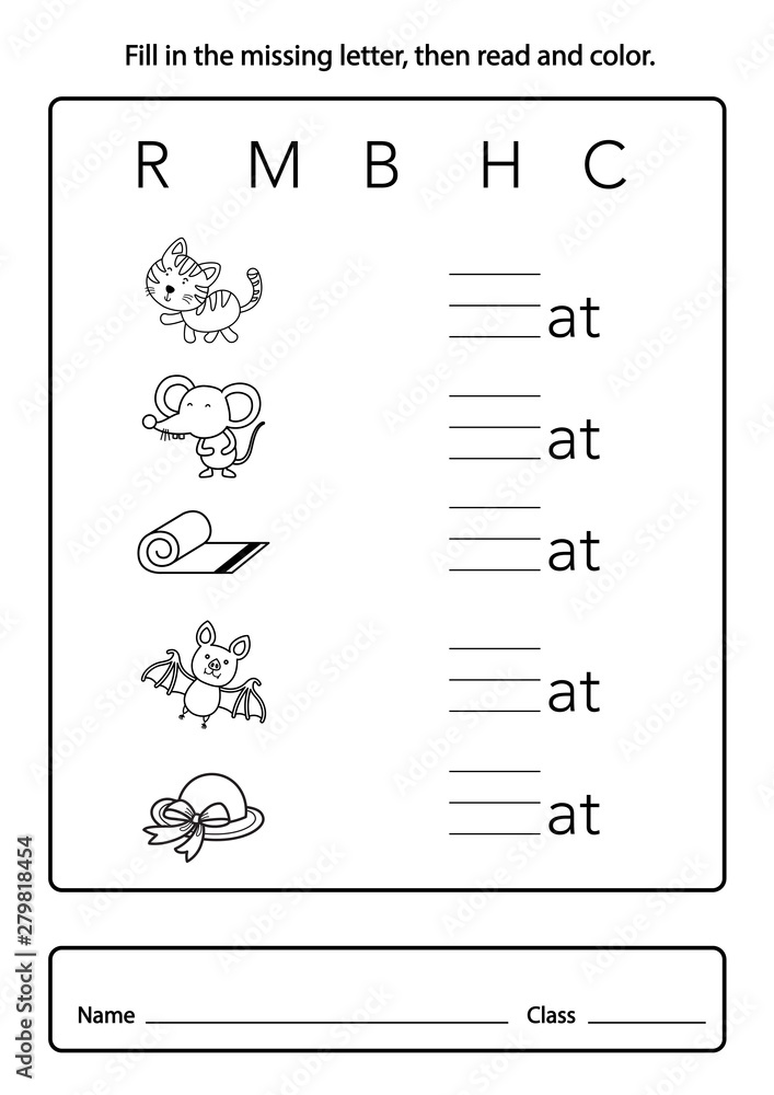 Fill in the missing letter, then read and color illustration, vector Fill in the missing letter, then read and color illustration, vector