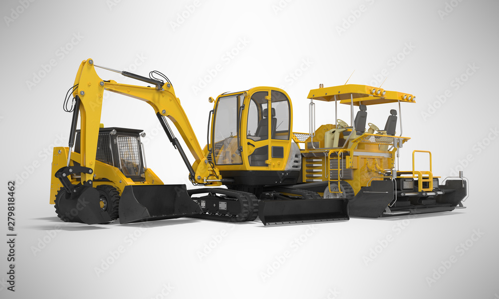 Fototapeta premium Yellow group of heavy machinery excavator mini paver loader 3d illustration on gray background with shadow