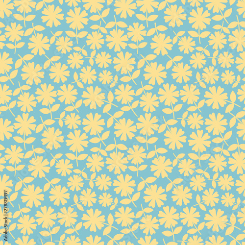 Elegant yelllow flowers in ditsy floral design. Seamless vector pattern on aqua blue background. Great for wellness, beauty, baby, spa, garden products, texture, home decor, stationery, fabric