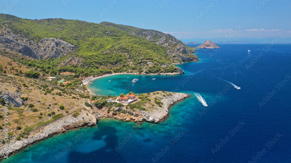 Aerial drone photo of small bay of Molos in picturesque island of Ydra or Hydra, Saronic gulf, Greece