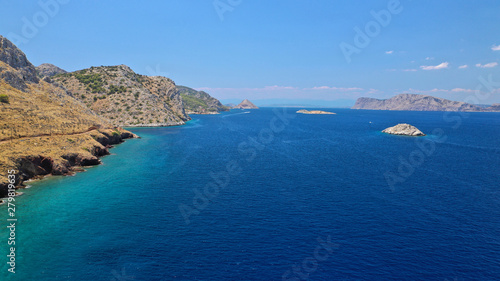 Aerial drone photo of small bay of Molos in picturesque island of Ydra or Hydra, Saronic gulf, Greece