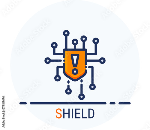Filled Line Icons Style. Hacker Cyber crime attack Shield for web design, ui, ux, mobile web, ads, magazine, book, poster.