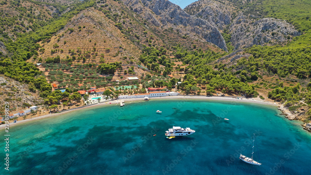 Aerial drone photo of small bay of Molos in picturesque island of Ydra or Hydra, Saronic gulf, Greece