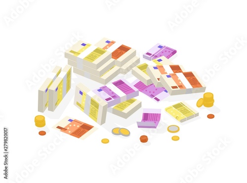 Collection of isometric fiat money or European currency. Set of Euro bills or banknotes in packs, rolls and bundles and coins isolated on white background. Colorful isometric vector illustration.