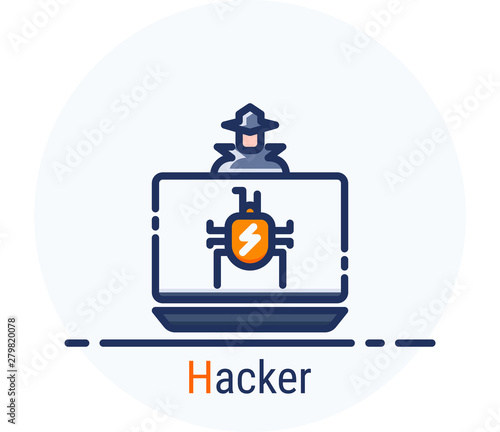 Filled Line Icons Style. Hacker Cyber crime attack Hacker for web design, ui, ux, mobile web, ads, magazine, book, poster.