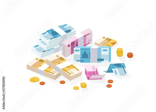 Collection of isometric money or Russian currency. Set of Ruble bills or banknotes in packs, rolls and bundles and kopek coins isolated on white background. Colorful isometric vector illustration.
