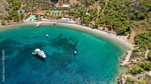 Aerial drone photo of small bay of Molos in picturesque island of Ydra or Hydra  Saronic gulf  Greece