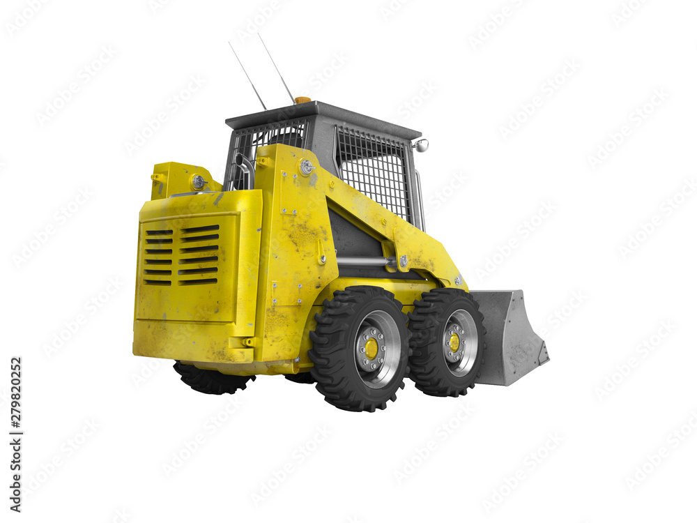 Construction equipment yellow mini skid steer 3d render on white background no shadow