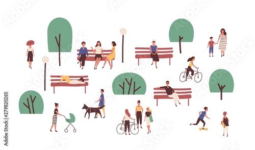 People walking, sitting on benches, skateboarding and riding bicycle outdoor. Cute funny men and women performing leisure and sports activities in park. Flat cartoon colorful vector illustration.