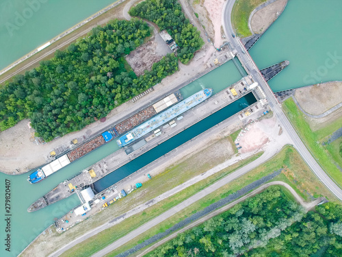 flight over ship sluice at river Rhine photo