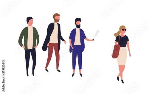 Beautiful woman passing by group of young men. Street harassment, catcalling and wolf-whistling. Offensive or abusive behavior, domination and assault. Flat cartoon colorful vector illustration.