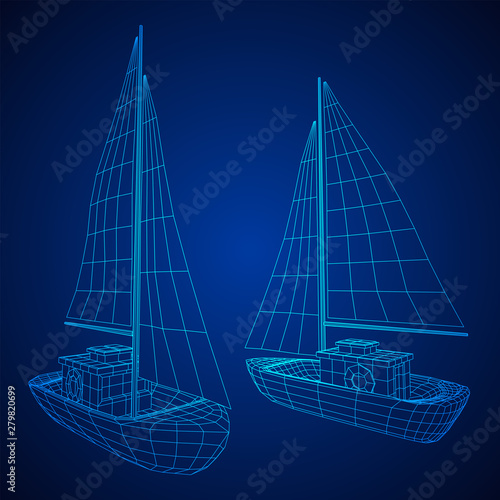Yacht or sail boat. Luxury yacht race, sea sailing regatta concept. Wireframe low poly mesh vector illustration