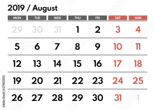 august 2019 vector office planner, first monday