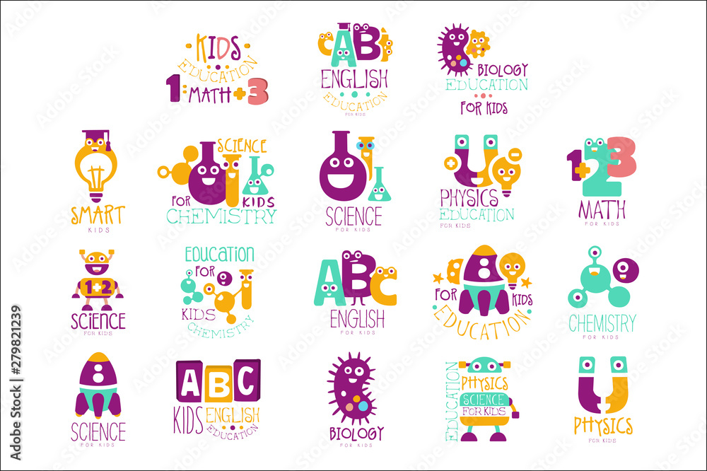 Kids Science Education Extra Curriculum Club Logo Templates In Colorful Cartoon Style With Smiling Characters