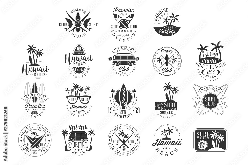 Hawaiian Beach Surfing Vacation Black And White Sign Design Templates With Text And Tools Silhouettes Hawaiian Beach Surfing Vacation Black And White Sign Design Templates With Text And Tools Silhouettes