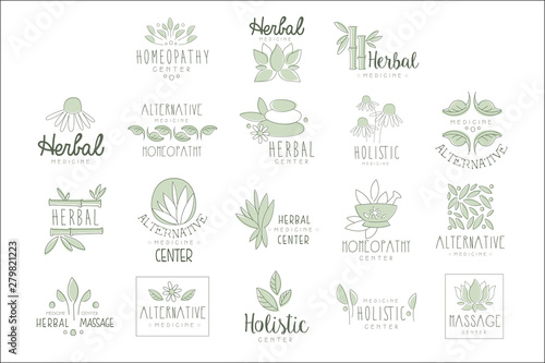 Alternative Medicine Center With Oriental Herbal Treatment And Holistic Massage Procedures Set OF Label Templates