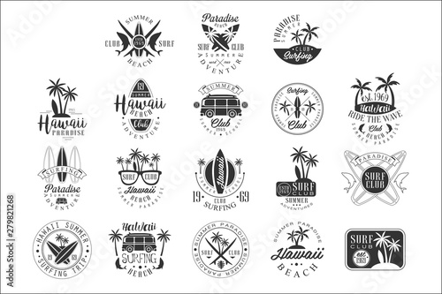 Hawaiian Beach Surfing Vacation Black And White Sign Design Templates With Text And Tools Silhouettes