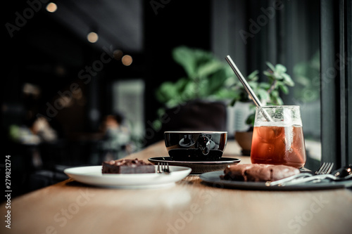Wallpaper Mural Coffee and bakery beverage on wooden table , coffee shop background Torontodigital.ca