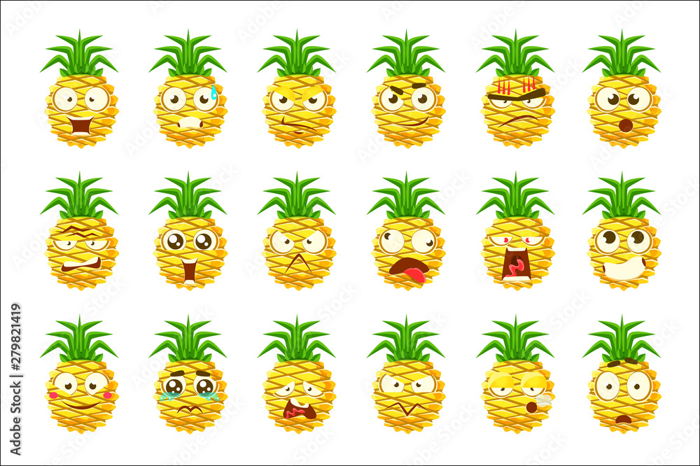 Fototapeta premium Pineapple Cartoon Emoji Portaraits Fith Different Emotional Facial Expressiona Set Of Cartoon Stickers