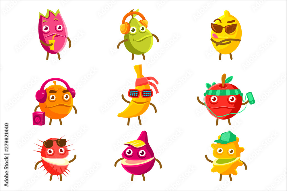 Tropical Fruit Cool Cartoon Characters On Vacation Set Of Colorful Stickers With Humanized Food Items
