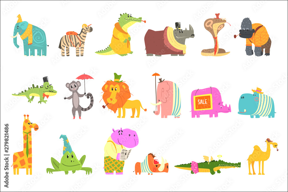 Obraz premium African Animals With Human Attributes And Clothing Set Of Comic Cartoon Characters