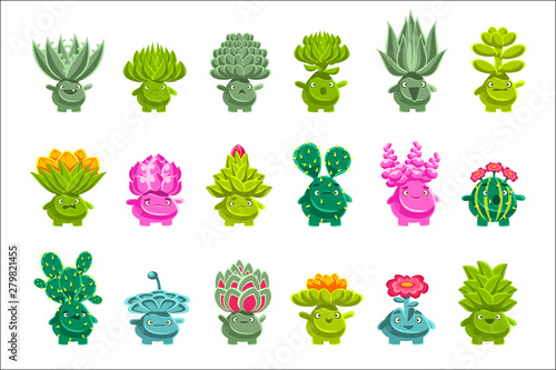 Alien Fantastic Plant Characters With Succulent Vegetation And Humanized Root With Friendly Faces Emoji Stickers Set