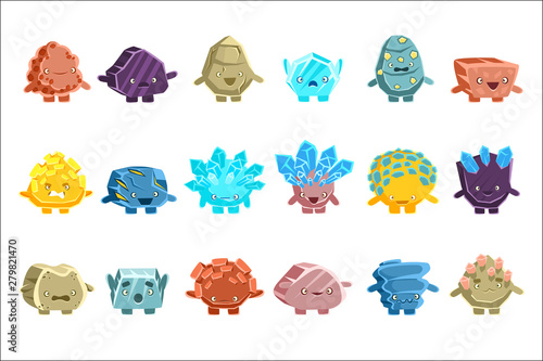 Alien Fantastic Golem Characters Of Different Humanized Rocks With Friendly Faces Emoji Stickers Set