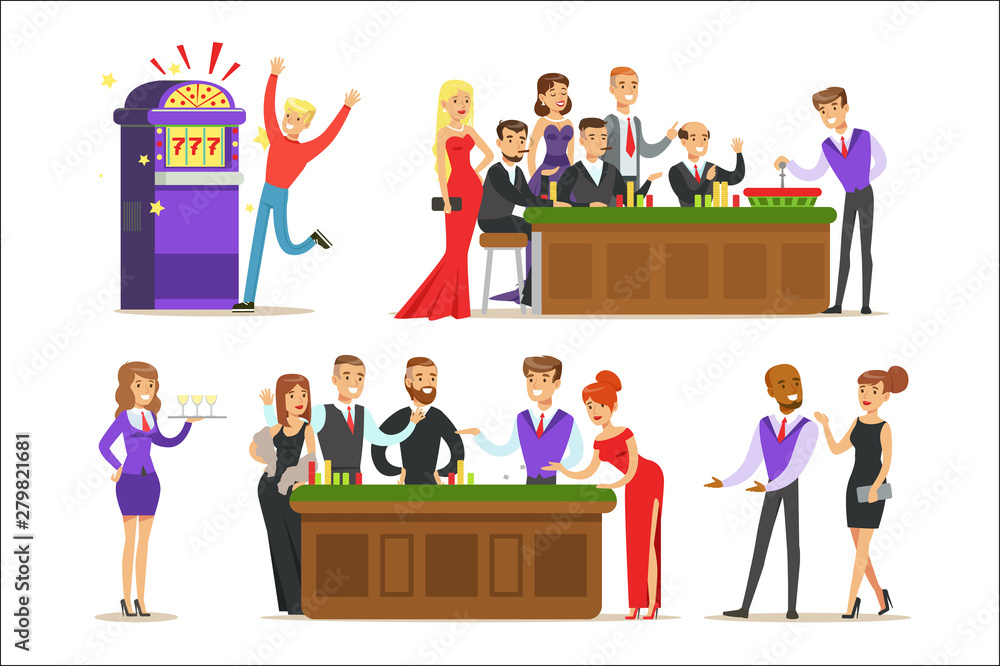 Obraz premium Gamblers In Chic Casino In Vegas Playing Cards, Roulette And Slot Machine Smiling Players, Waiters And Dealers Illustrations