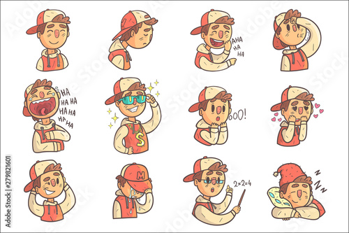 Boy In Cap And College Jacket Collection Of Hand Drawn Emoji Cool Outlined Portraits