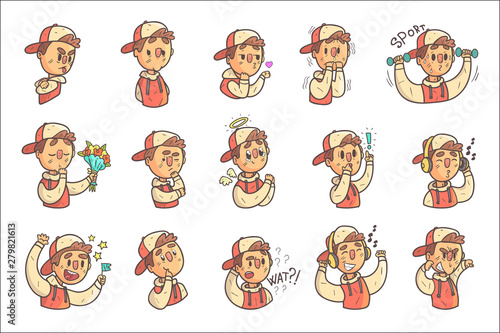 Boy In Cap And College Jacket Collection Of Hand Drawn Emoticon Cool Outlined Portraits