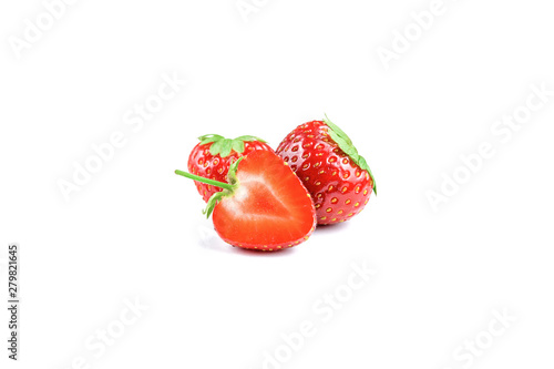 Strawberry isolated on white background. Two whole strawberry fruits and half isolated on white background