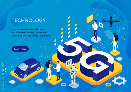 5G cellular network concept, pictographic Template for increased speed of communication with people at various activities, a robot and car around 3D lettering, isometric vector illustration