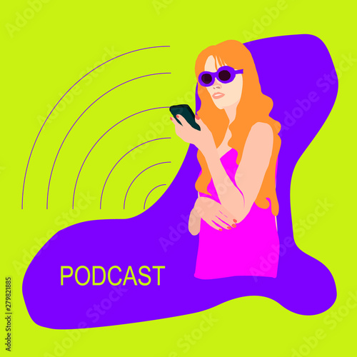 woman  in sun glasses and pink dress with mobile phone recording podcast