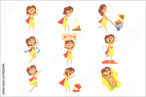 Lucky Woman Having Good Luck And Sudden Stroke Of Fortune Series Of Comic Vector Illustrations