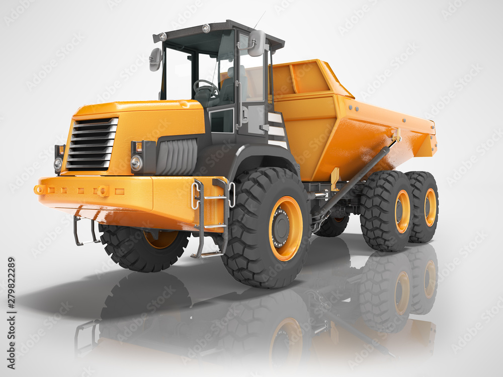 Construction equipment orange dump trucks with articulated frame isolated 3d render on gray background with shadow