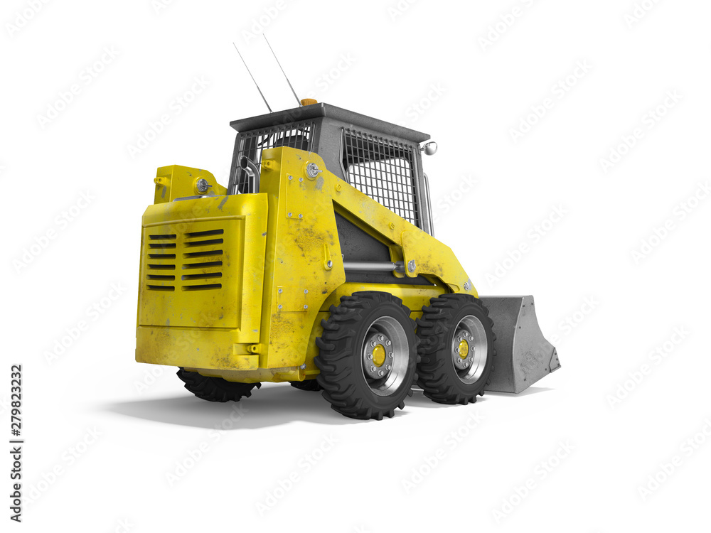 Construction equipment yellow mini skid steer 3d render on white background with shadow