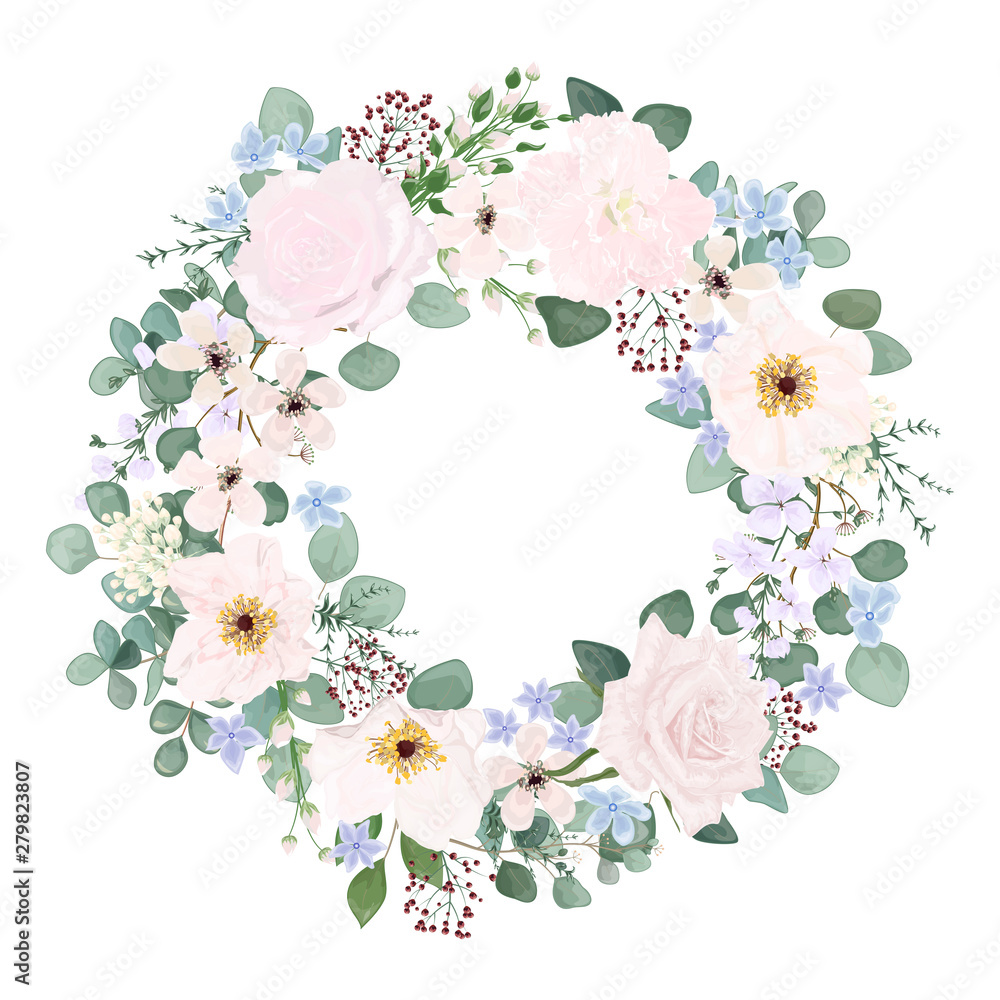 Beautiful wreath of flowers and leaves. Vector watercolor illustration. EPS 10.