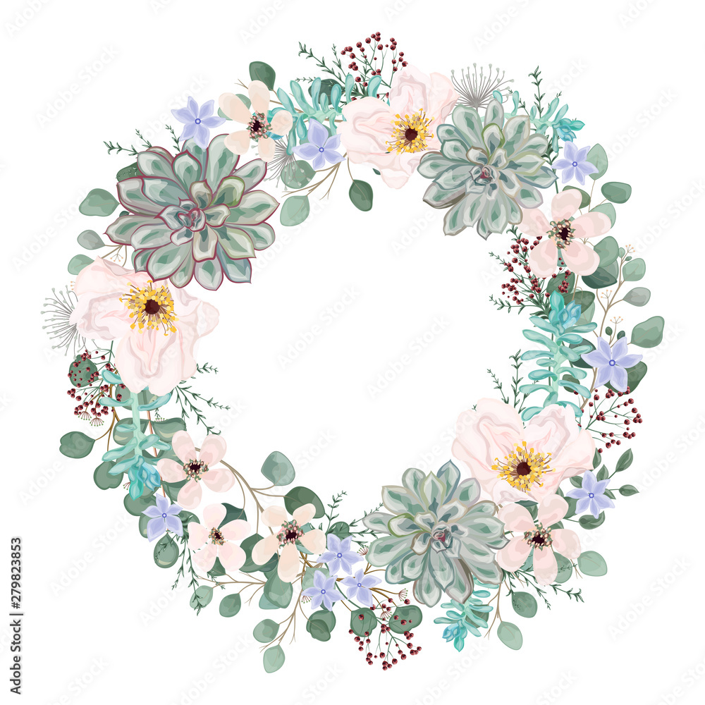 Beautiful wreath of flowers and leaves. Vector watercolor illustration. EPS 10.