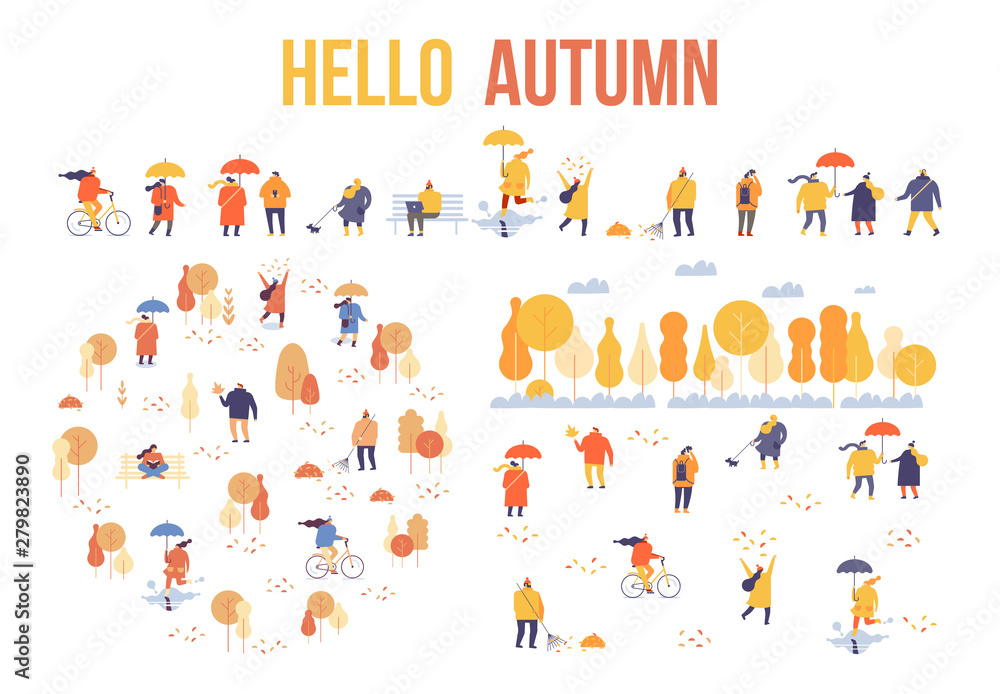 Colorful Autumn park flat vector set. Autumn park landscape. Different People in warm clothes having fun outdoors in urban park.  Autumn park with people illustration. 