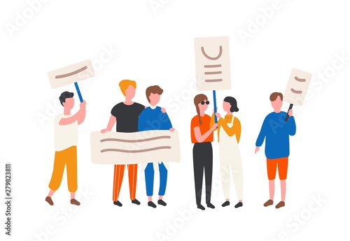 Crowd of LGBT rights activists holding banners and placards. People taking part in mass meeting, parade or rally. Group of protesting sexual minorities. Flat cartoon colorful vector illustration.